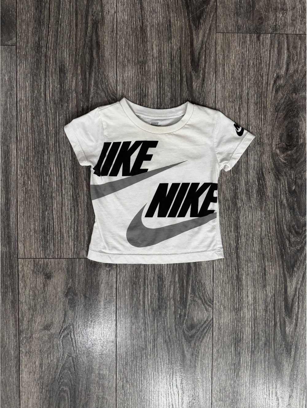 Nike Toddler White Graphic T-Shirt with Black and Grey Logos | Size 12M